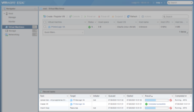 ESXi console with the Tasks section highlighted, showing the virtual machine being created. 